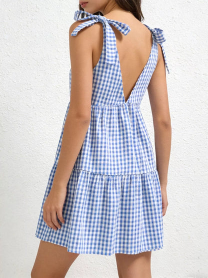 Hazel Blues® |  Gingham Tie-Shoulder Ruffle Hem Mini Dress