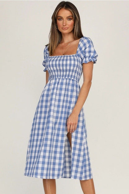 Hazel Blues® |  Slit Plaid Short Sleeve Midi Dress