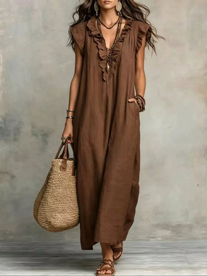 Hazel Blues® | Ruffled V-Neck Cap Sleeve Maxi Dress