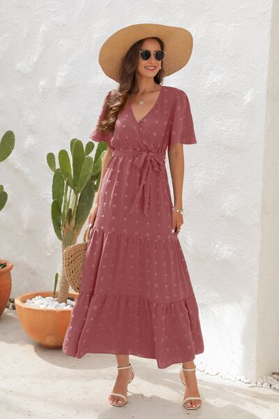 Hazel Blues® |  Swiss Dot Tied Surplice Short Sleeve Dress