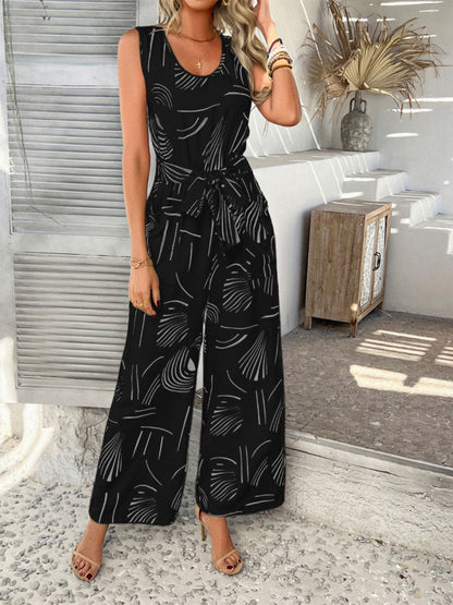 Hazel Blues® |  Devine Printed Round Neck Sleeveless Tie Waist Jumpsuit