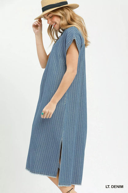 Hazel Blues® |  Umgee Pinstripe Denim Collared Midi Dress with Side Slits