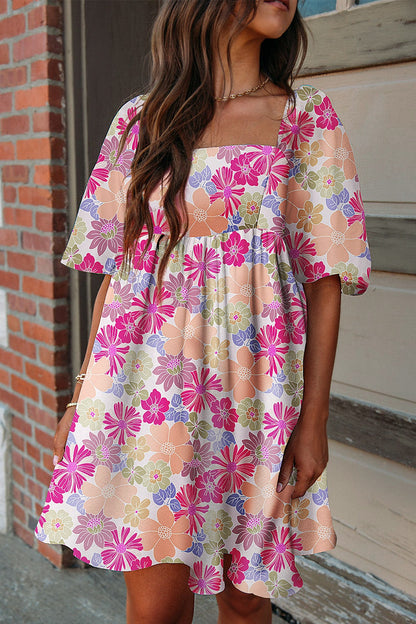 Hazel Blues® |  Printed Square Neck Half Sleeve Mini Dress