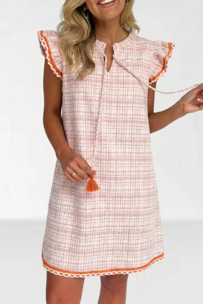 Hazel Blues® |  Jacquard Textured Contrast Trim Short Sleeve Tassel Tie Shift Dress
