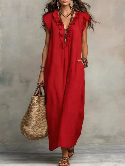 Hazel Blues® | Ruffled V-Neck Cap Sleeve Maxi Dress