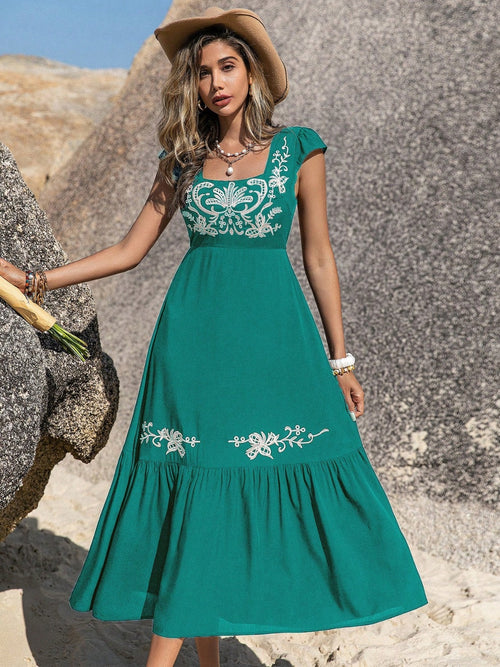 Hazel Blues® |  Embroidered Square Neck Cap Sleeve Dress