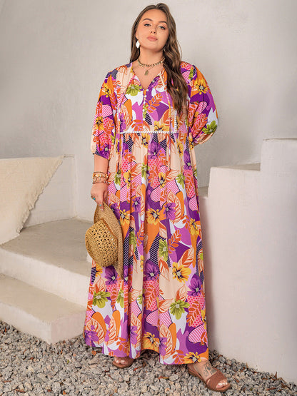 Hazel Blues® | Printed Tie Neck Maxi Dress