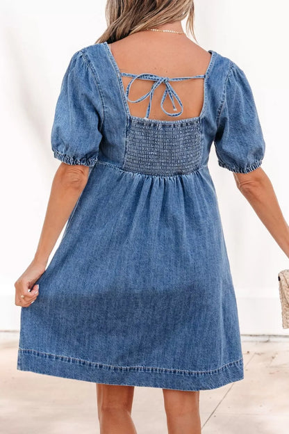 Hazel Blues® |  Button-Front Puff Sleeve Denim Dress