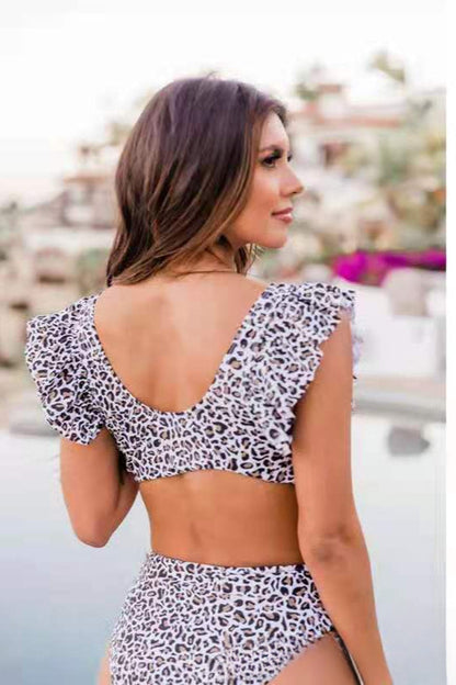 Ruffle Leopard High Waist Bikini Two Piece Swim Set