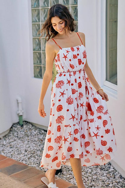 Hazel Blues® |  SO ME Shell Print Tiered Lined Midi Cami Dress With Belt