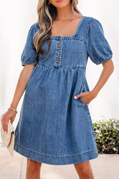 Hazel Blues® |  Button-Front Puff Sleeve Denim Dress