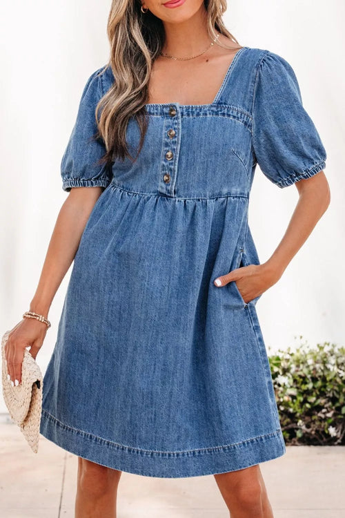 Hazel Blues® |  Button-Front Puff Sleeve Denim Dress