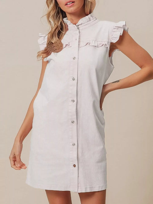 Hazel Blues® |  Ruffled Trim Button-Down Denim Dress