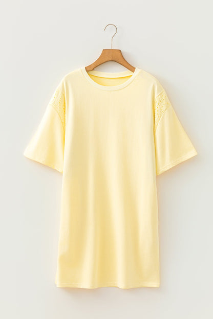 Hazel Blues® |  Yellow Cream Eyelet Embroidered Lace Splicing Sleeve Loose T Shirt Dress