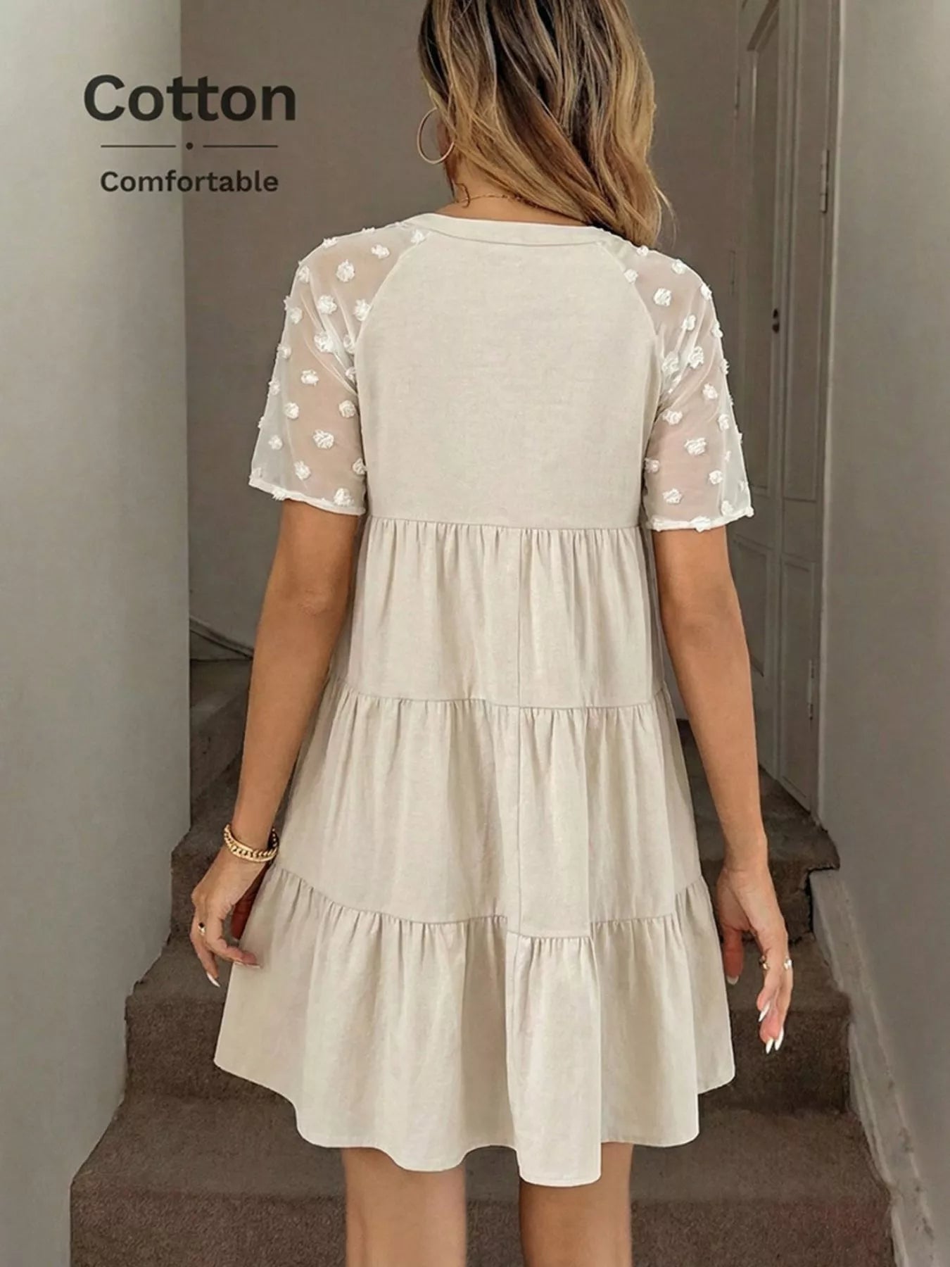 Hazel Blues® |  Casual Tiered Mini Dress with Swiss Dot Sleeves