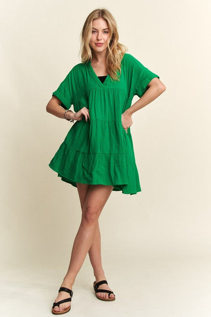 Hazel Blues® |  ADORA Tiered Notched Short Sleeve Dress