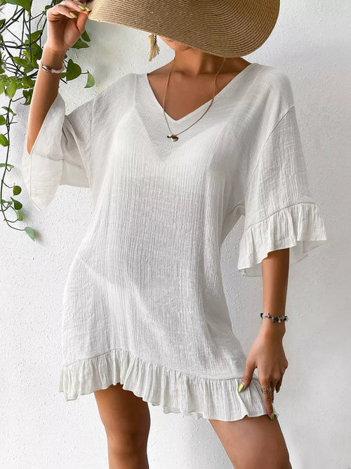 Hazel Blues® |  Ruffle Trim Butterfly Back V-Neck Cover-Up Dress