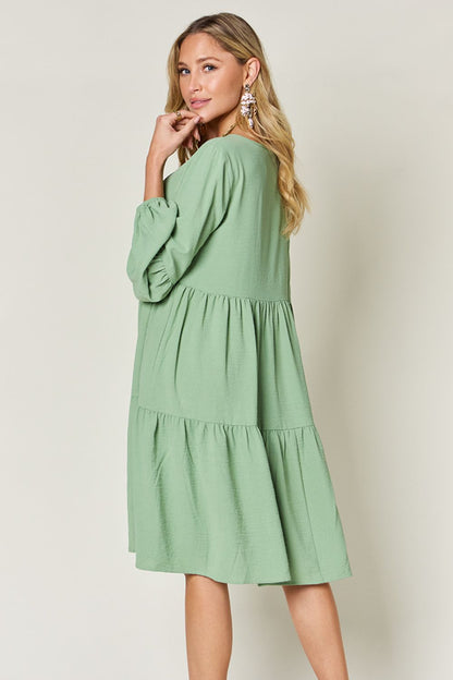 Hazel Blues® |  Double Take V-Neck Balloon Sleeve Tiered Dress with Pockets
