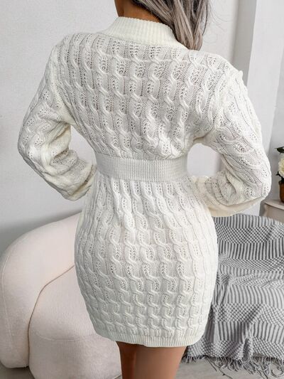 Hazel Blues® |  Cable-Knit Round Neck Mini Wrap Sweater Dress