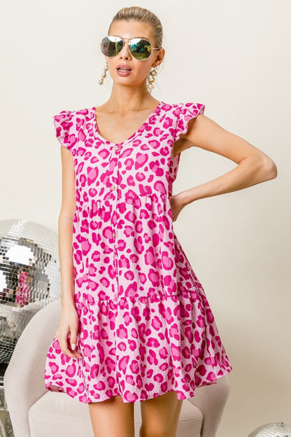 Hazel Blues® |  BiBi Leopard Cap Sleeve Tiered Mini Dress