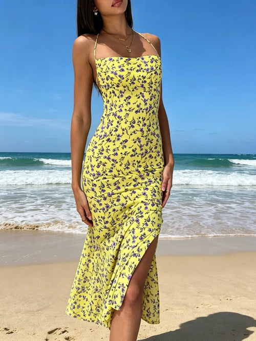 Hazel Blues® |  Floral Print Halter Neck Backless Slit Midi Dress