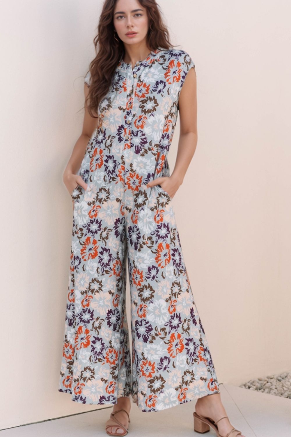 Hazel Blues® |  Floral Sleeveless Button Front Wide Leg Jumpsuit
