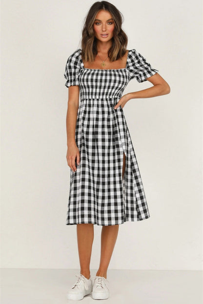 Hazel Blues® |  Slit Plaid Short Sleeve Midi Dress