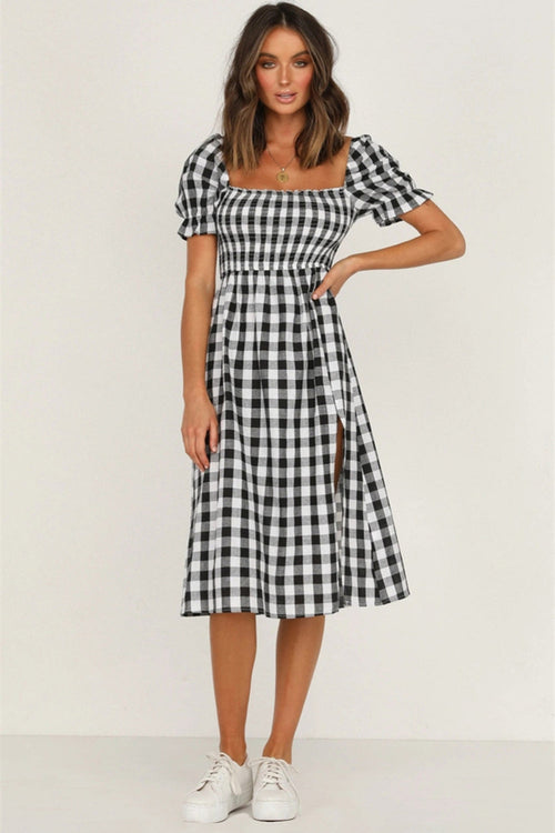 Hazel Blues® |  Slit Plaid Short Sleeve Midi Dress