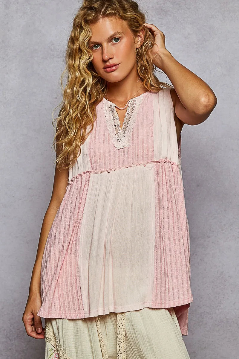Hazel Blues® |  POL Lace Trim Two-Tone Tank with Pintuck Detail