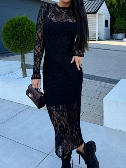 Hazel Blues® |  Lace Round Neck Long Sleeve Midi Dress