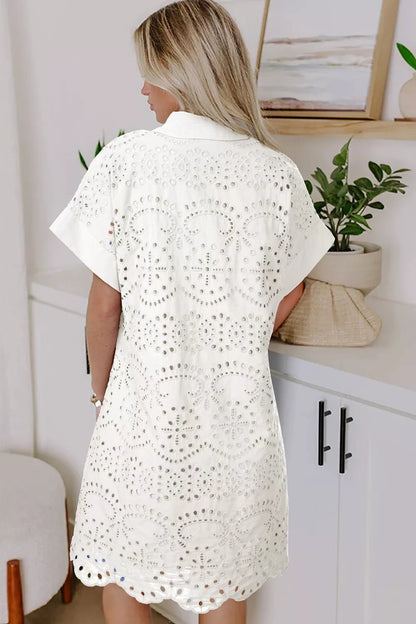 Hazel Blues® |  Solid Color Eyelet Embroidered T Shirt Mini Dress
