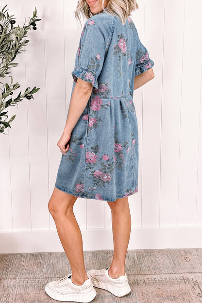 Hazel Blues® |  Sky Blue Floral Print Denim Short Sleeve Button Down Dress