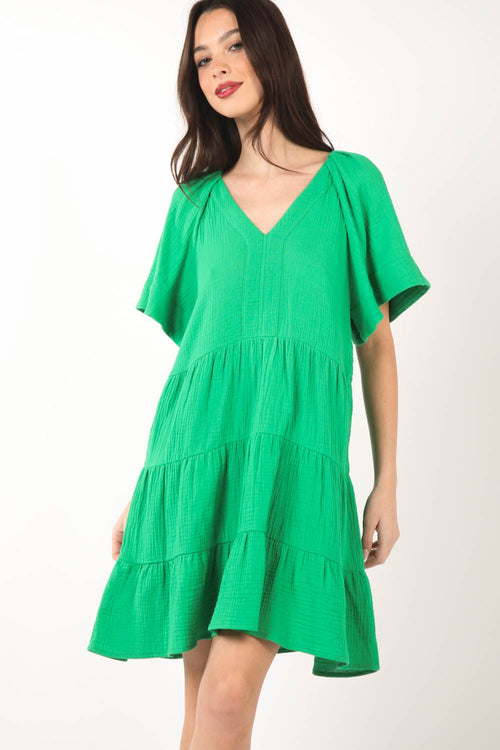 Hazel Blues® |  VERY J Texture V-Neck Ruffled Tiered Dress