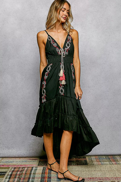 Hazel Blues® |  POL Embroidered Detail Tassel Tie Smocked Waist Midi Tiered Cami Dress