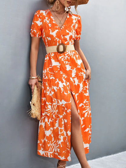 Hazel Blues® |  V-Neck Short Sleeve High Slit Midi Dress
