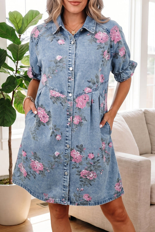 Hazel Blues® |  Sky Blue Floral Print Denim Short Sleeve Button Down Dress