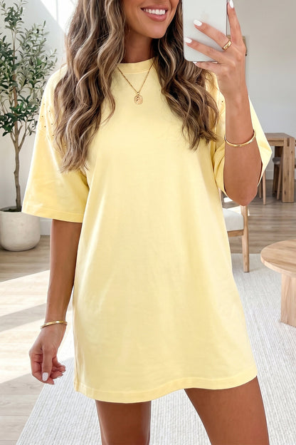 Hazel Blues® |  Yellow Cream Eyelet Embroidered Lace Splicing Sleeve Loose T Shirt Dress