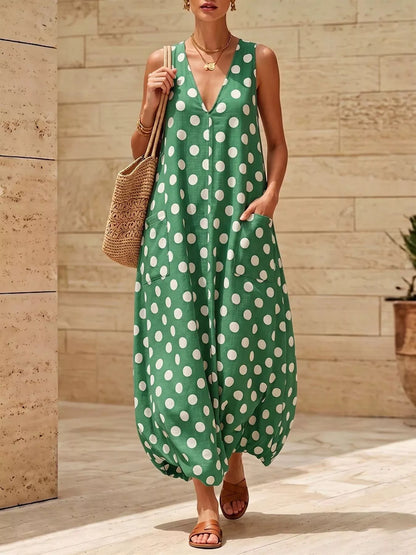 Hazel Blues® |  Polka Dot V-Neck Sleeveless Maxi Dress