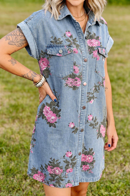Hazel Blues® |  Sky Blue Denim Floral Print Cuffed Short Sleeve Button Down Shift Dress
