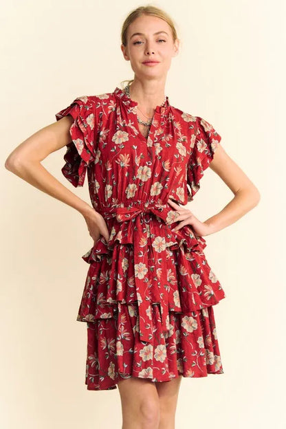 Hazel Blues® |  Davi & Dani Ruffle Flutter Sleeve Tie Belt Tiered Mini Dress