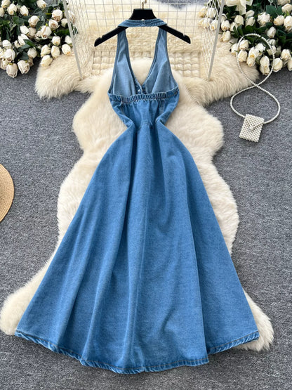 Hazel Blues® |  Halter Neck Button-Down Denim Dress