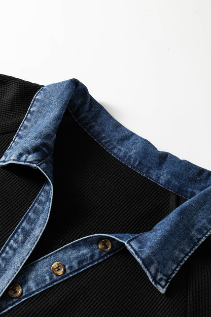 Hazel Blues® | Black Colorblock Denim Collar Short Sleeve Shift Dress