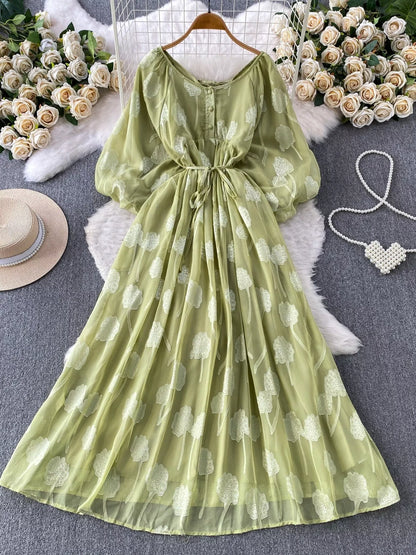 Hazel Blues® |  Button Front Puff Sleeve Chiffon Dress