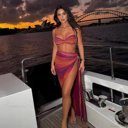 Gradient Bikini Set with Long Skirt Three Piece Swimsuit