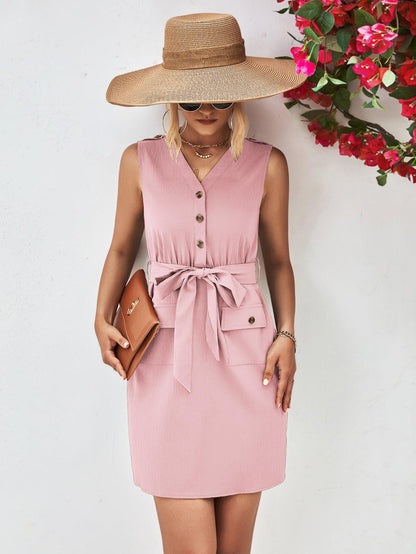 Hazel Blues® |  Buttoned V-Neck Belted Sleeveless Dress