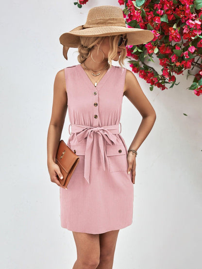 Hazel Blues® |  Buttoned V-Neck Belted Sleeveless Dress