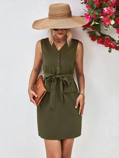 Hazel Blues® |  Buttoned V-Neck Belted Sleeveless Dress