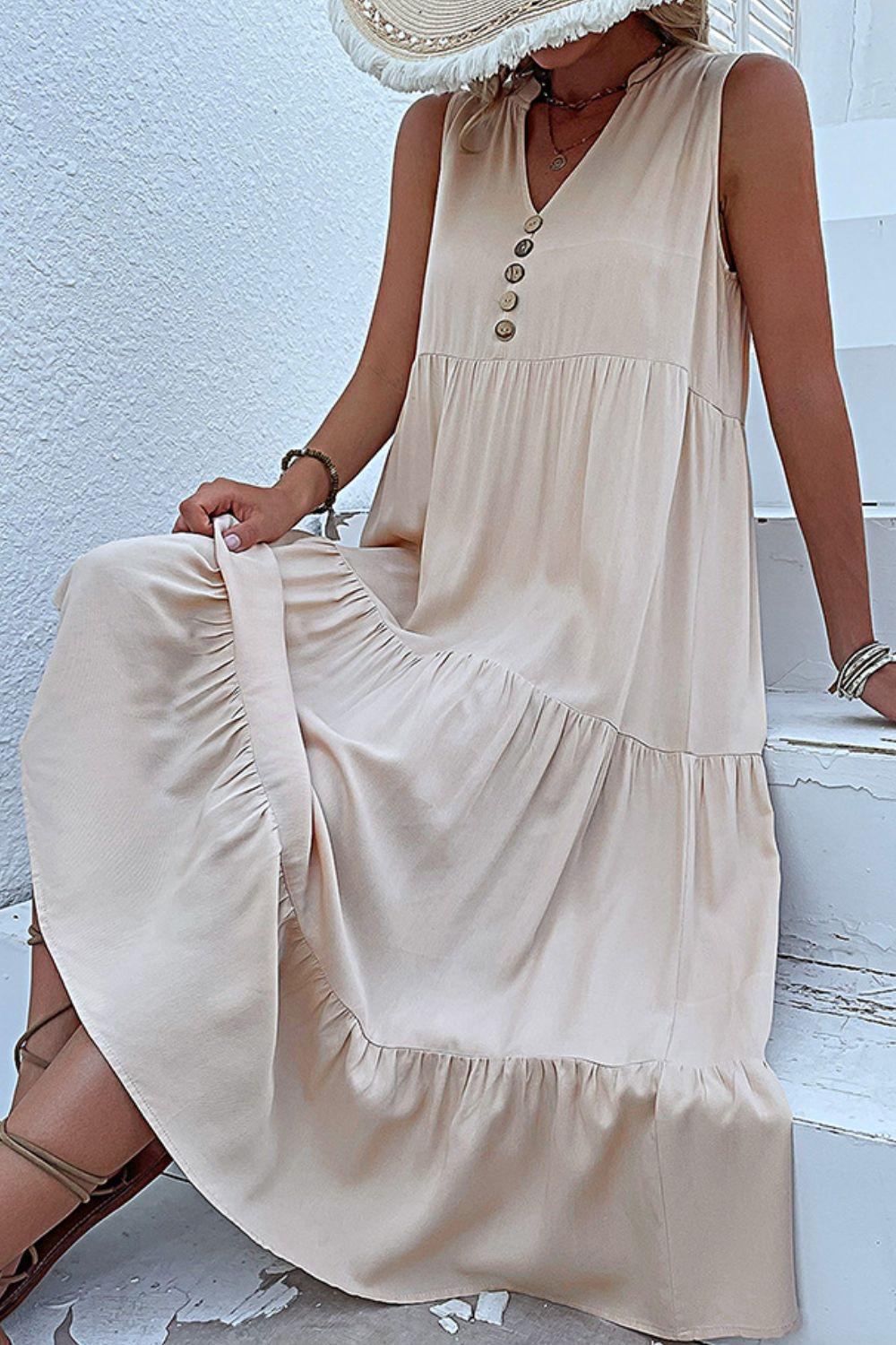 Hazel Blues® | Decorative Button Sleeveless Tiered Dress