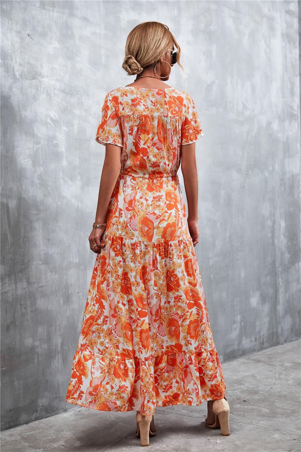 Hazel Blues® | Floral Buttoned Drawstring Waist Tiered Dress