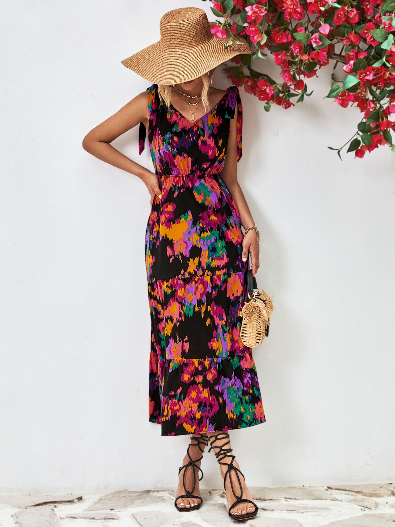 Hazel Blues® |  Multicolored V-Neck Backless Midi Dress